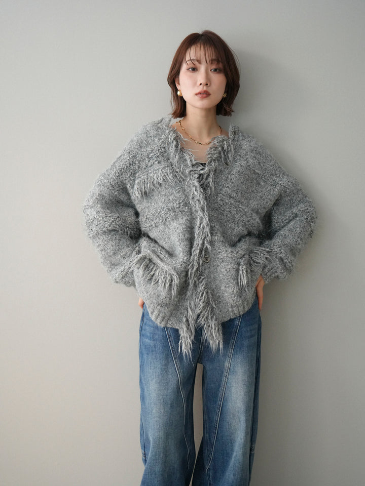 [予約]ミックスヤーンフリンジデザインニットジャケット/gray