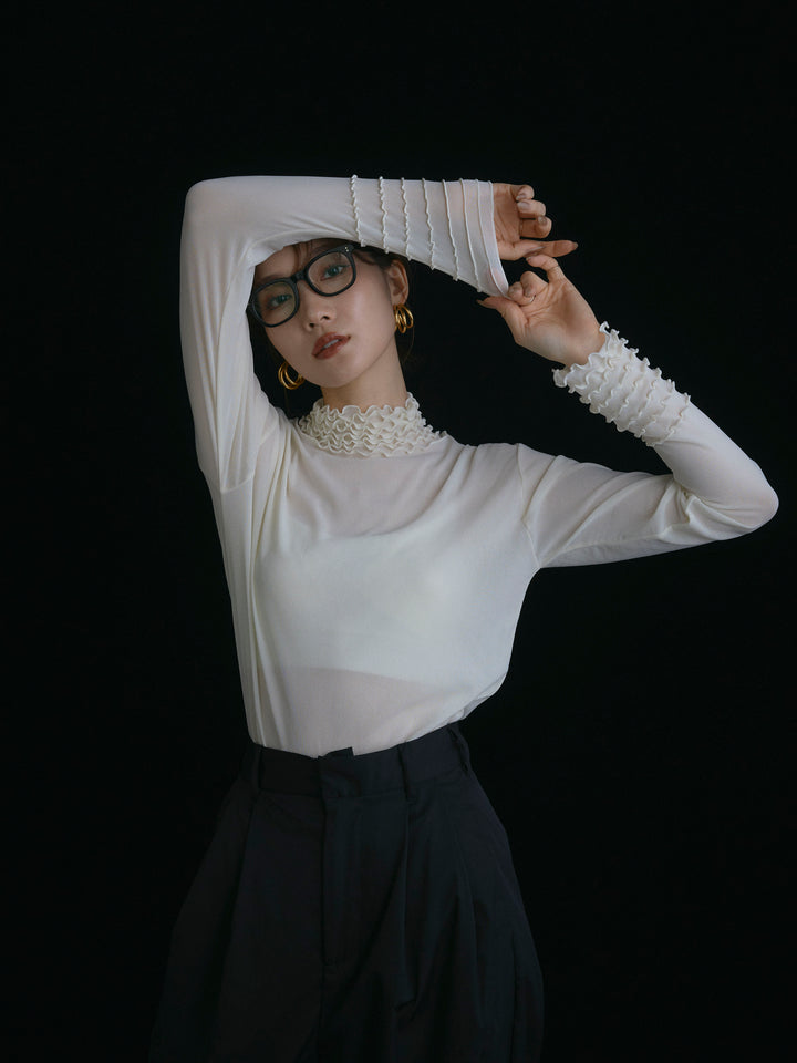 【Allure】[SET]シアーフリルメロートップス+タフタワイドカーブパンツ(2set)