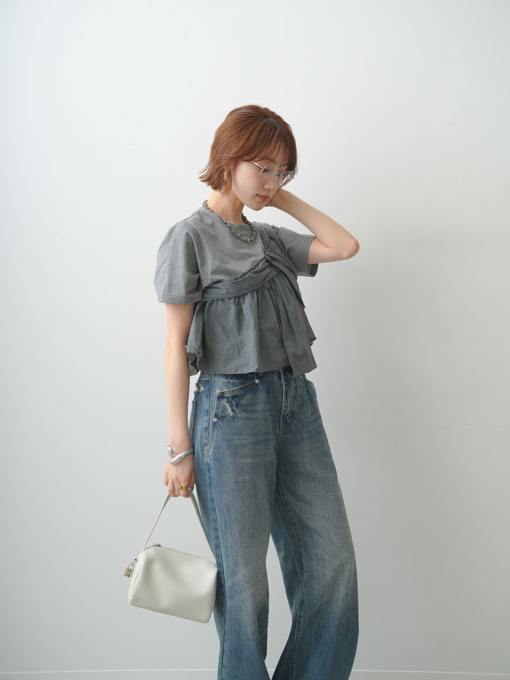 【着回しセット】[SET]ナイロンドッキングツイストTEE +クレープデシンフラップ付きストレートスカート+ストーンウォッシュルーズフィットデニム(3set)
