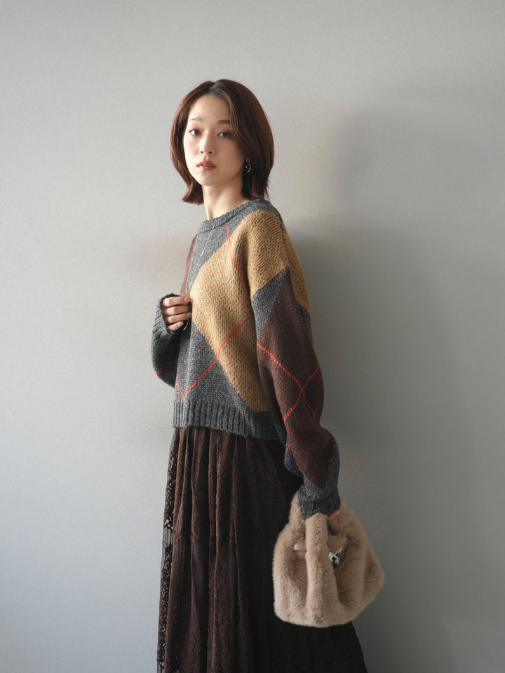 [SET]配色ステッチアーガイル柄ニットプルオーバー+ヴィンテージライクメッシュレーススカート(2set)