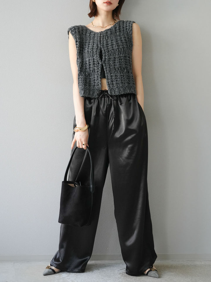 [予約]ミックスヤーンデザイン編みニットベスト/チャコール