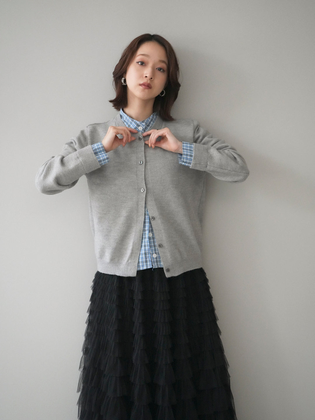 [予約]チェックシャツレイヤードデザインニットカーディガン/gray