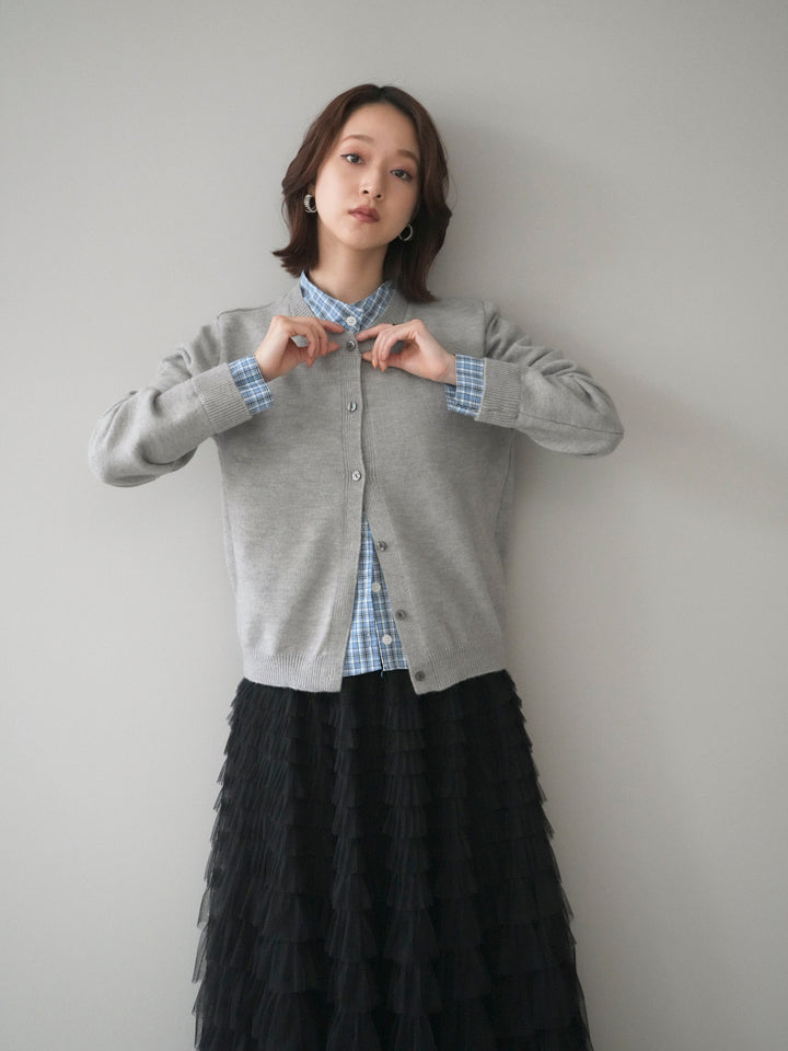 [予約]チェックシャツレイヤードデザインニットカーディガン/gray