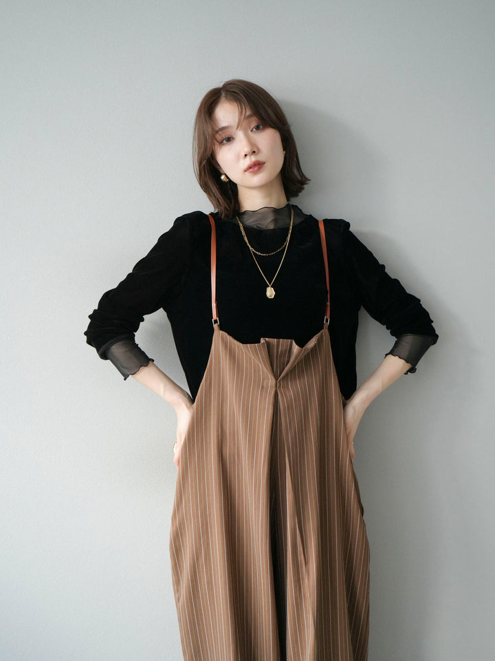 【着回しセット】[SET]ヘリンボーンストライプジレ+シアー切替ベロアトップス+ヘリンボーンストライプサロペット(3set)