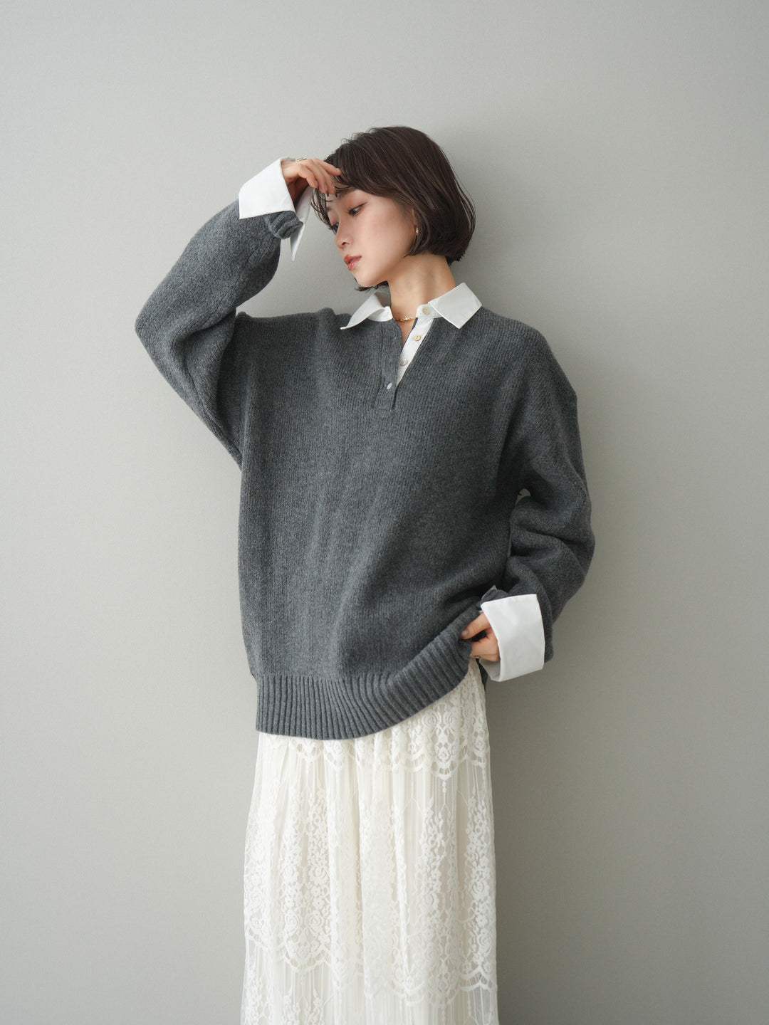 [予約]シャツドッキングオーバーニットプルオーバー/charcoaloff