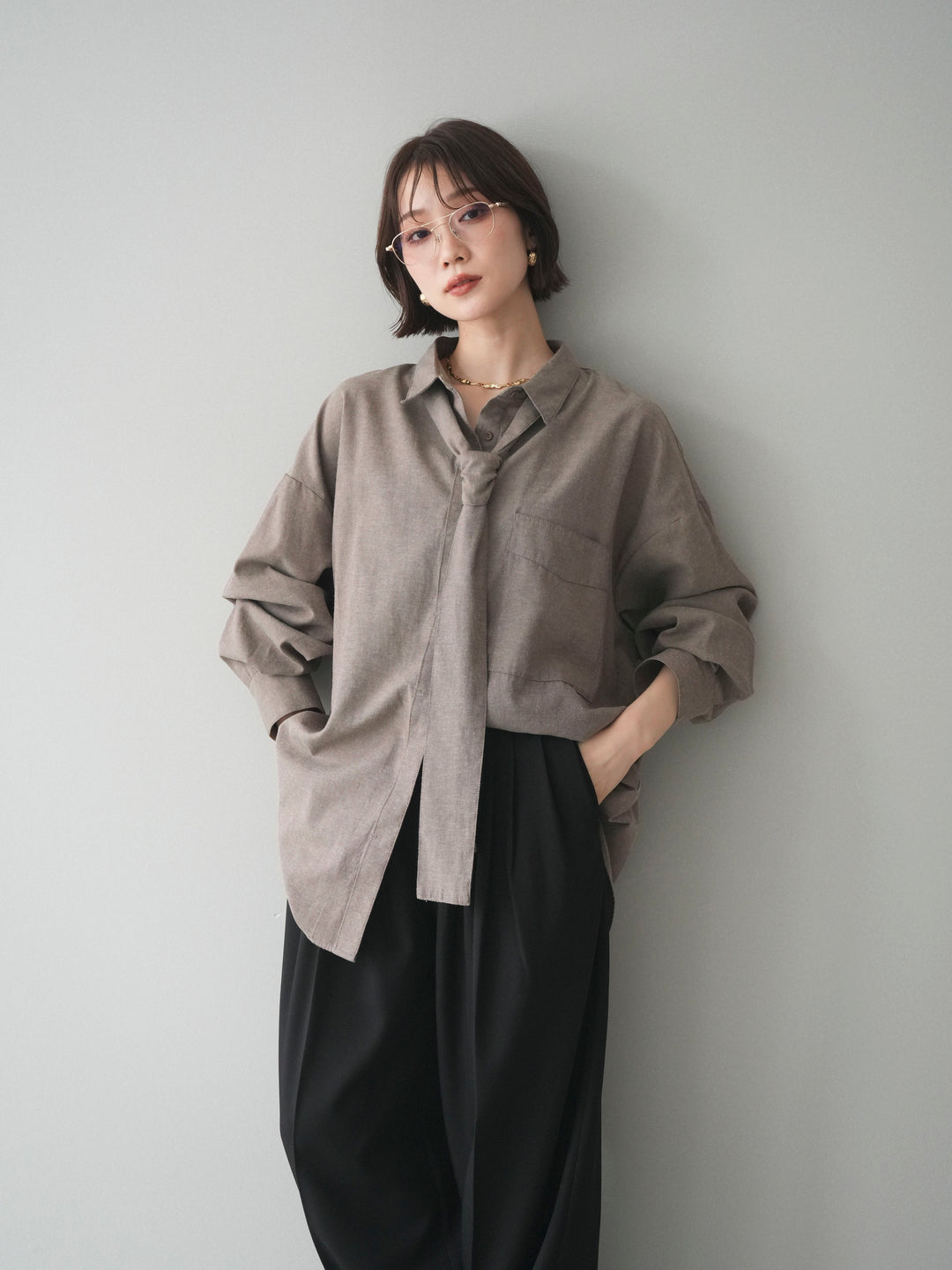 [予約]コットンライクボウタイオーバーシャツ/brown