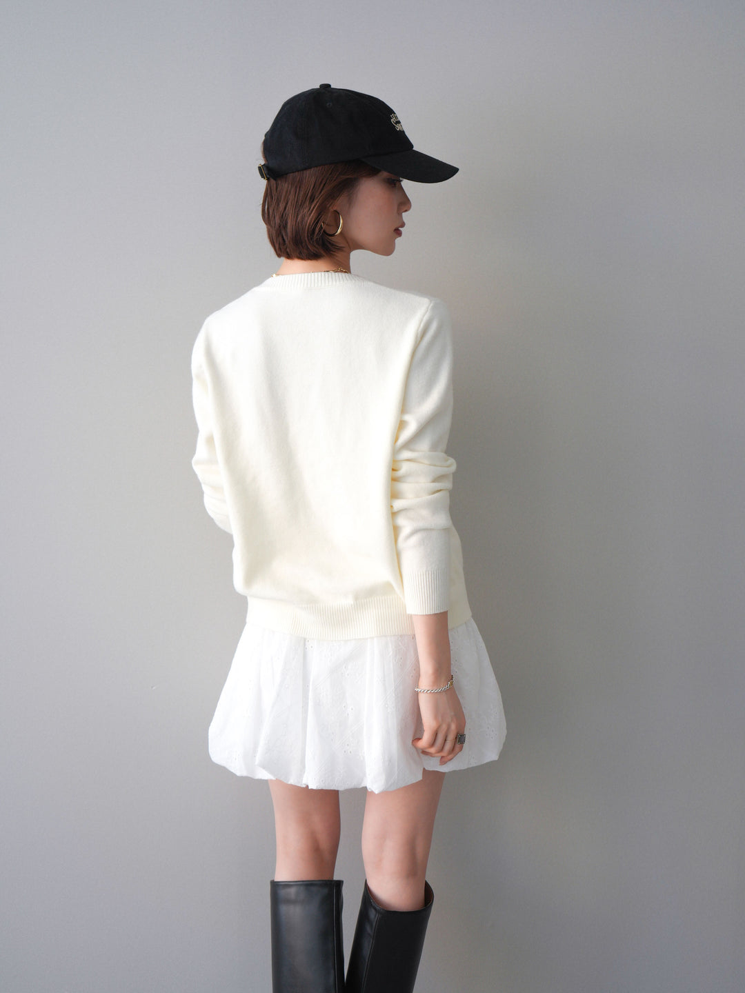 [SET]ハートボタンニットカーディガン+コットンライクレースバルーンミニスカート(2set)