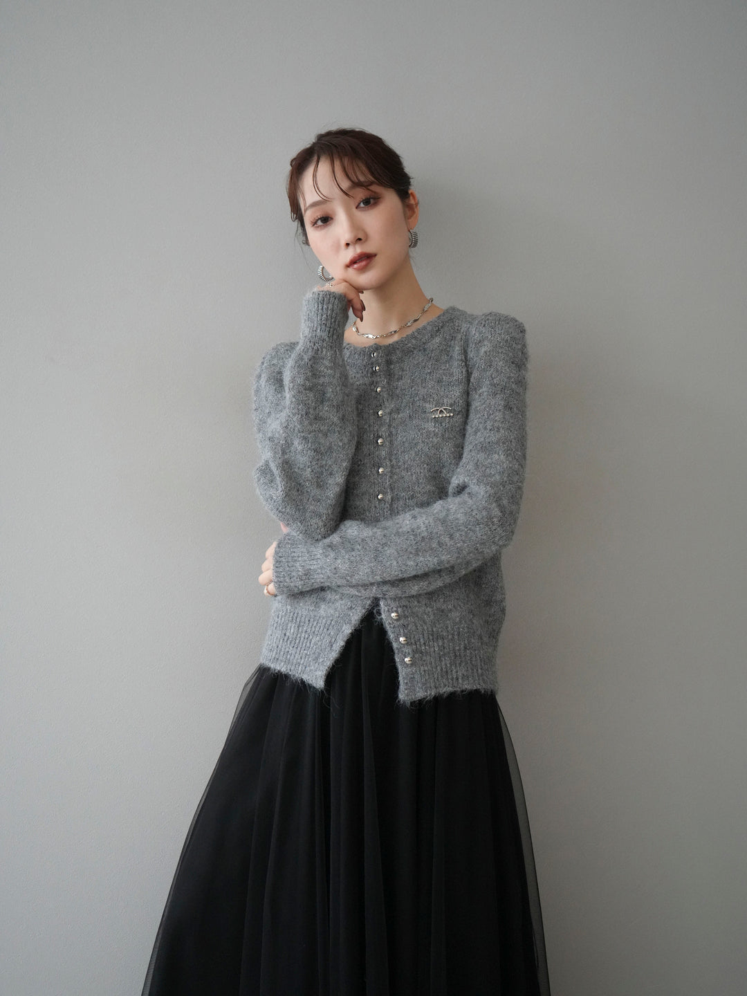 [SET]ブローチ付silverボタンミックスニットカーディガン+選べるアクセセット(2set)