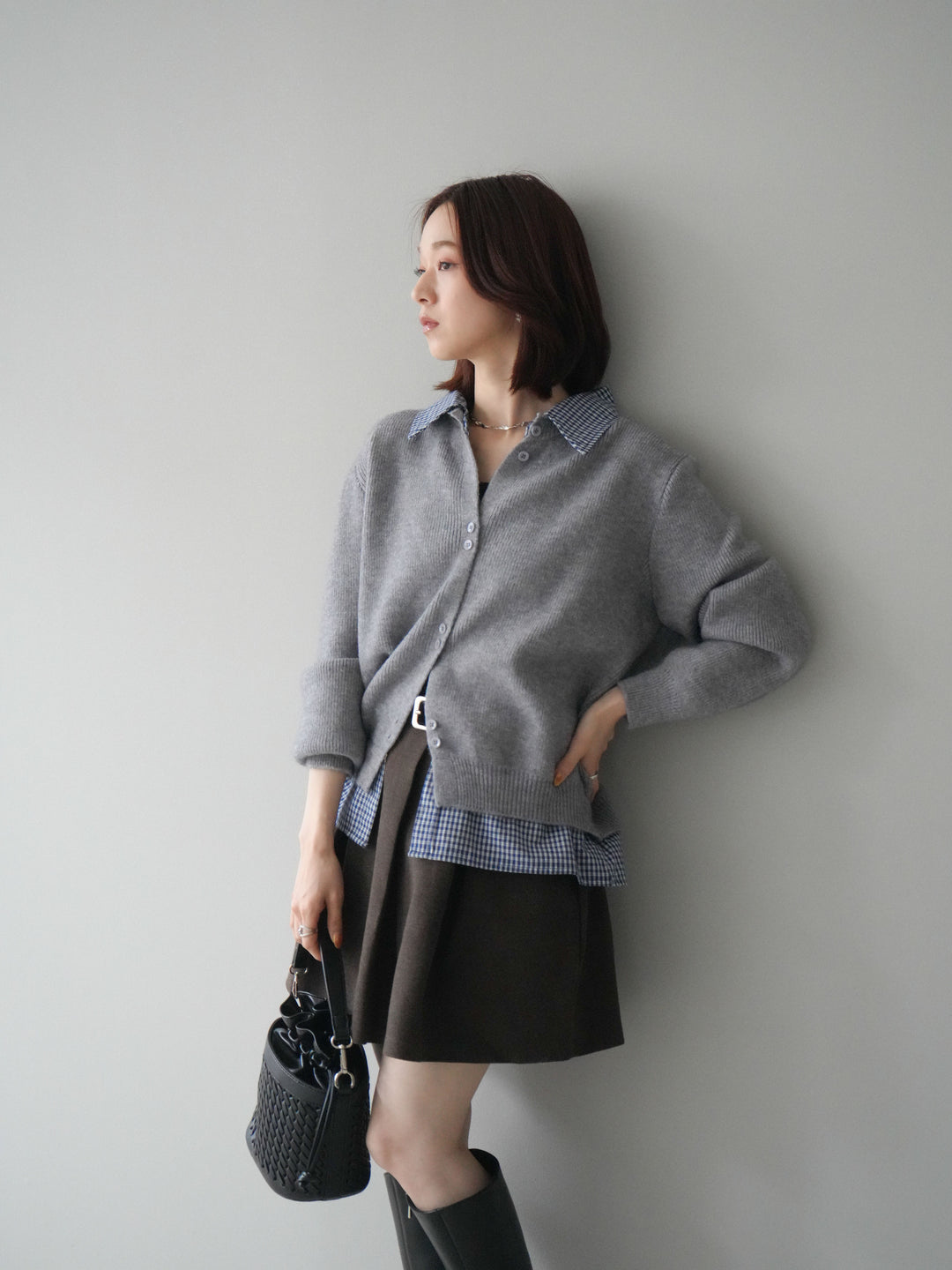 [SET]チェックシャツ襟ニットカーディガン+ベルト付きタックミニスカート(2set)