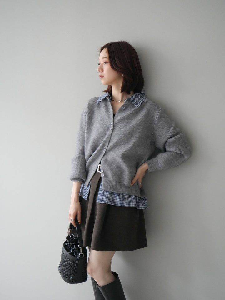 [SET]チェックシャツ襟ニットカーディガン+ベルト付きタックミニスカート(2set)