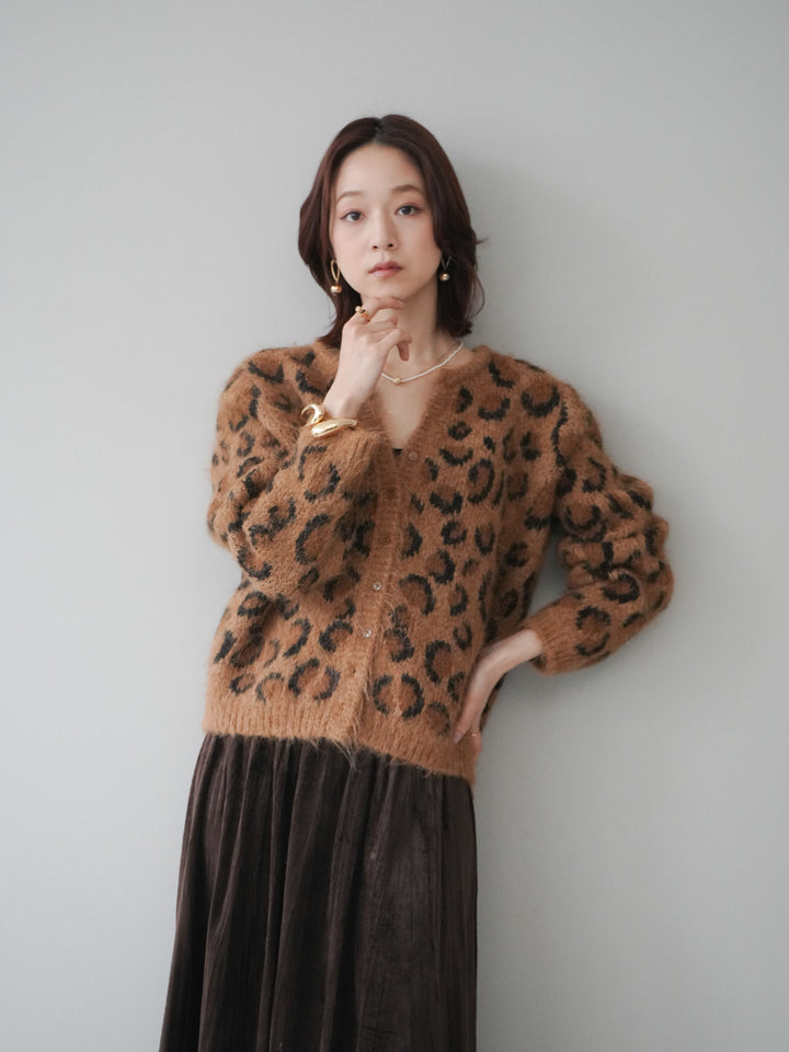 [SET]モヘアタッチレオパード柄ニットカーディガン+ワッシャーベロアプリーツスカート(2set)