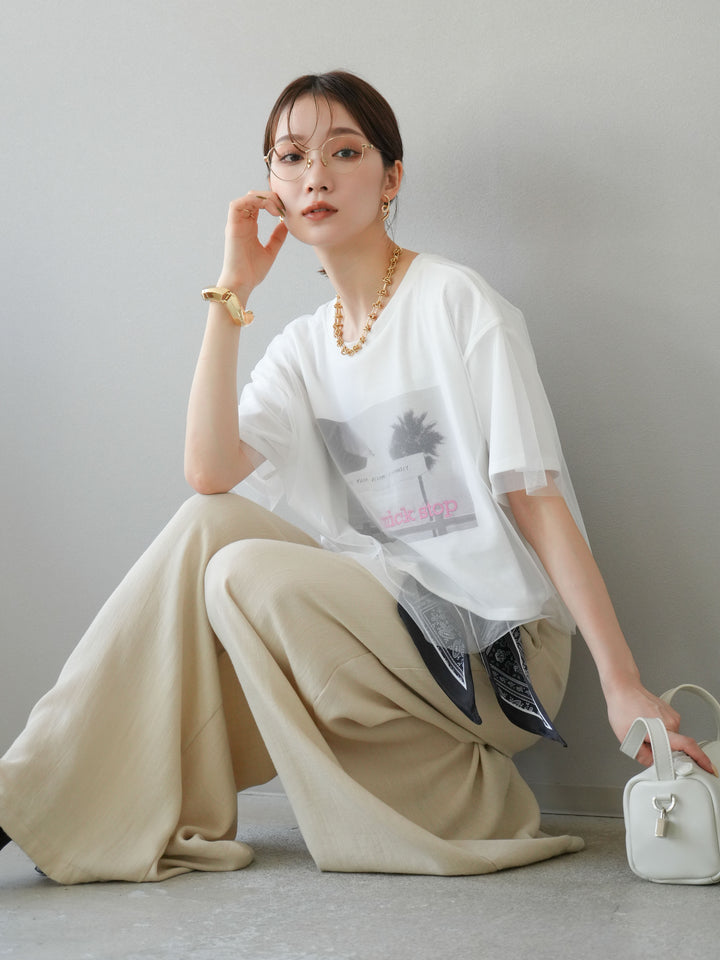 [予約]チュールドッキングフォトTシャツ/オフホワイト×ピンク