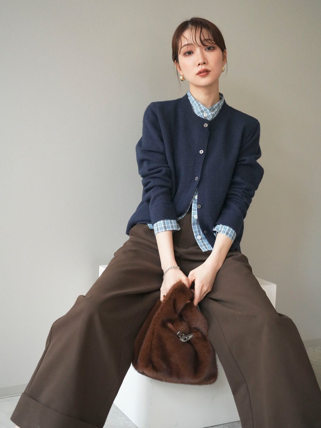 [予約]チェックシャツレイヤードデザインニットカーディガン/navy