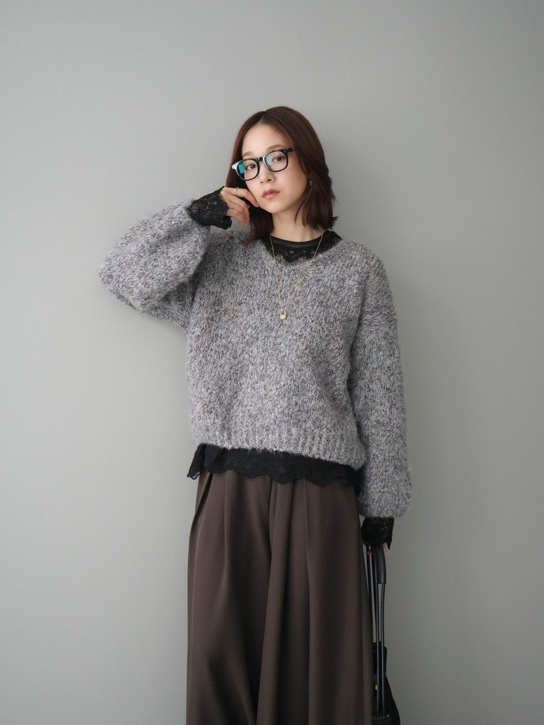 [SET]Vネックミックスヤーンニットプルオーバー+テープベルトタックバギーパンツ(2set)