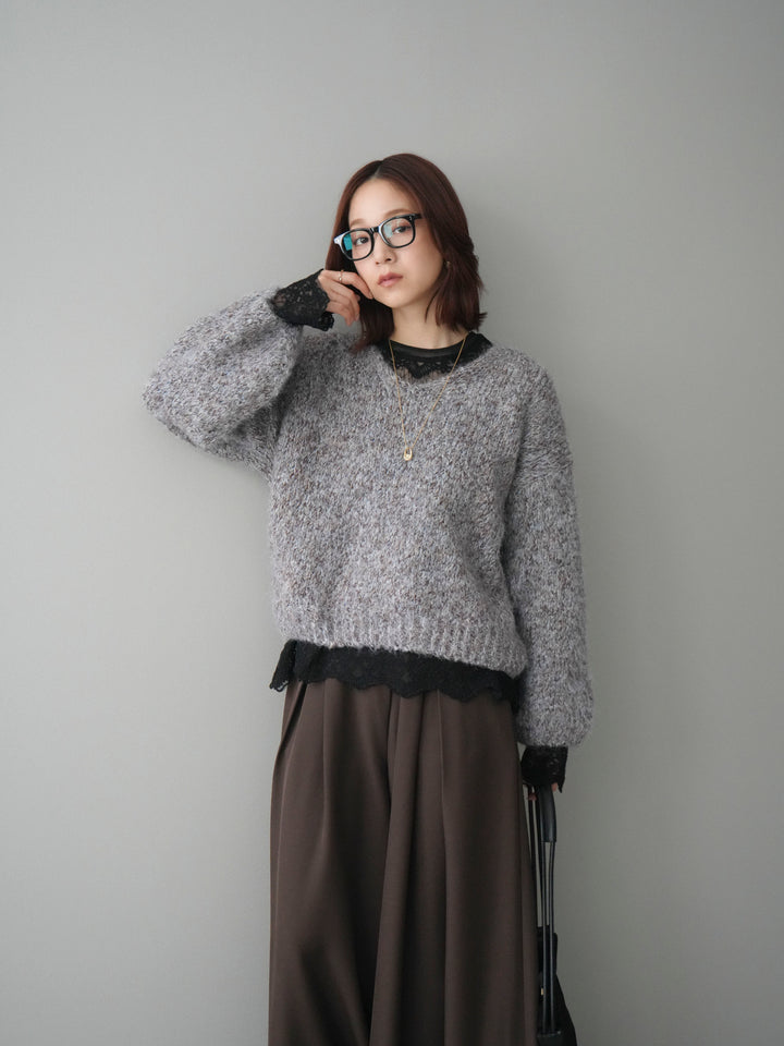 [SET]Vネックミックスヤーンニットプルオーバー+テープベルトタックバギーパンツ(2set)