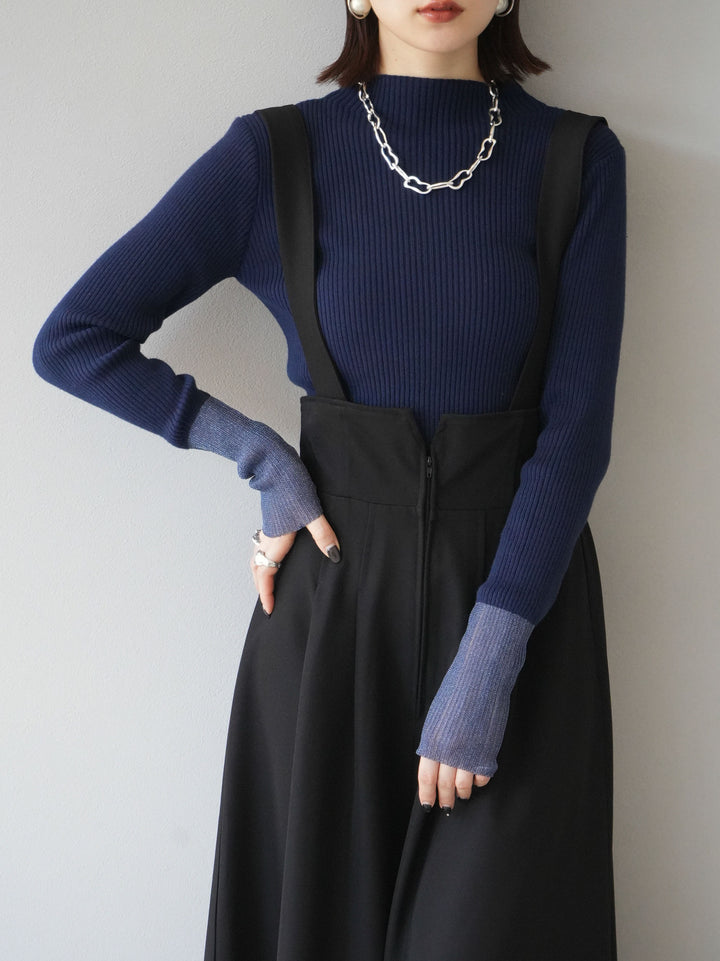 [予約]袖ラメシアー切替リブニットトップス/ネイビー