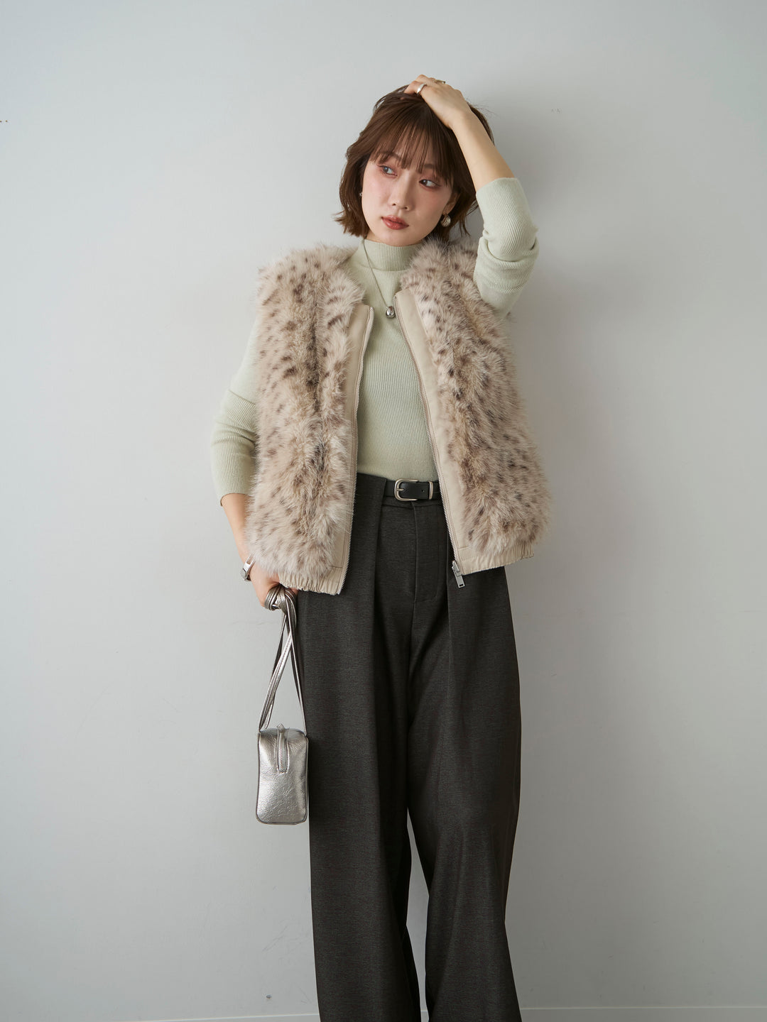 [SET]リバーシブルジップファーベスト+ラメリブモックネックニットトップス(2set)