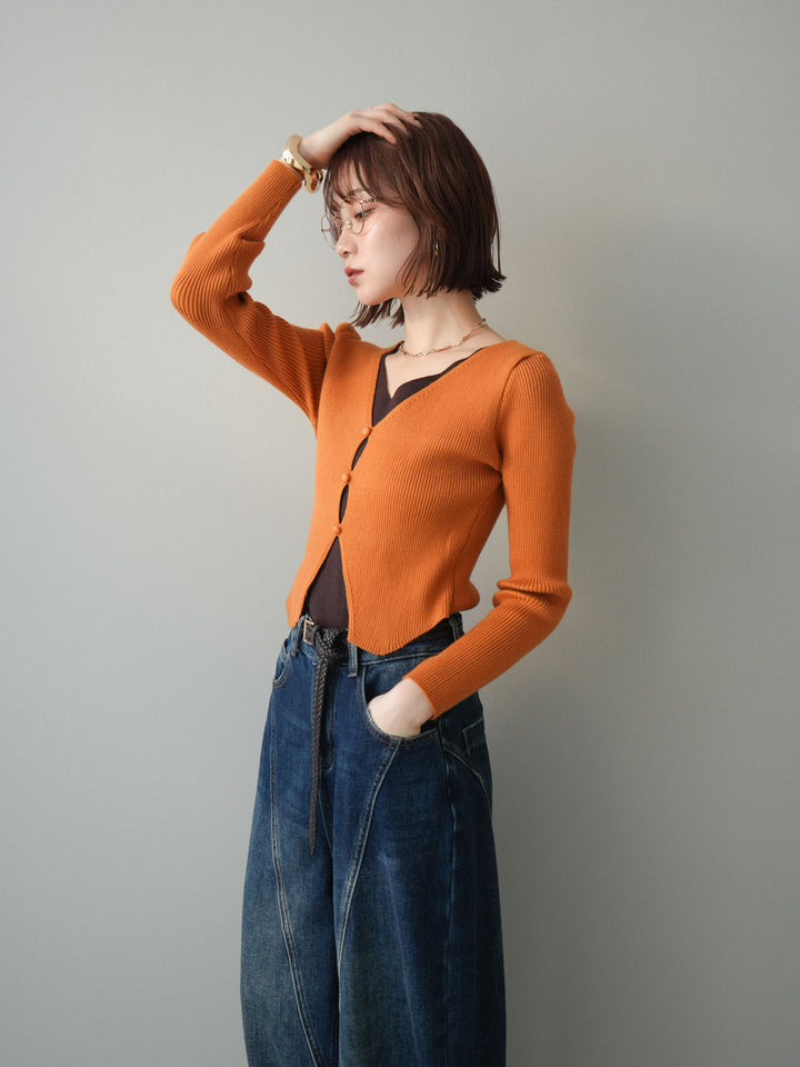 [予約]Vネック配色レイヤードスリットニットトップス/orange