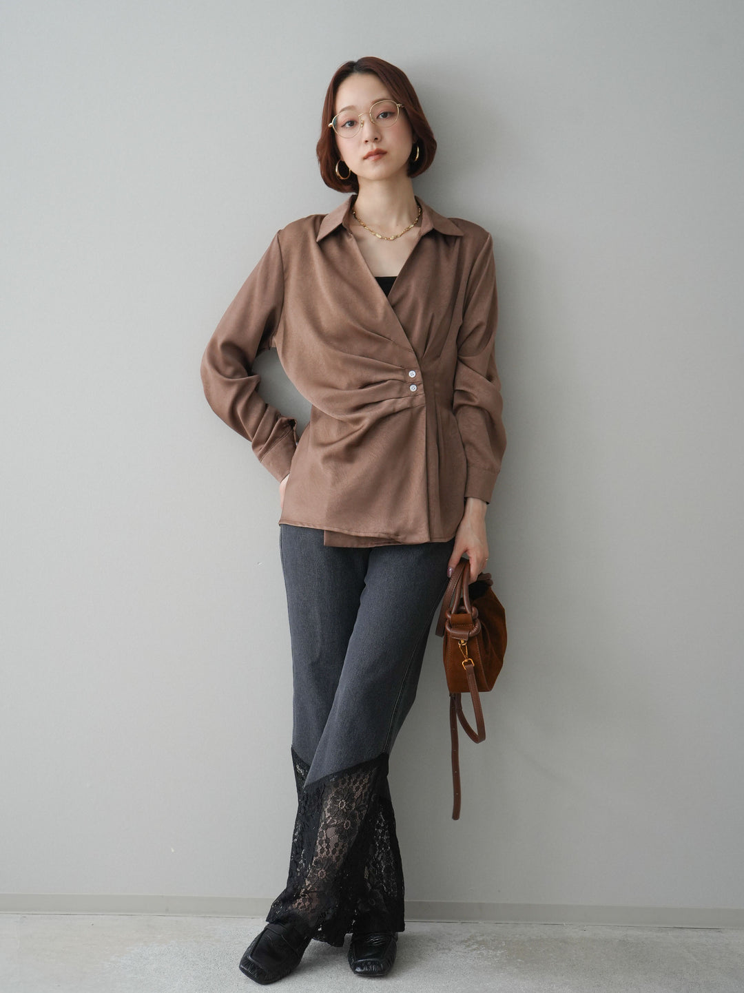 [予約]レース切替フレアデニムパンツ/black