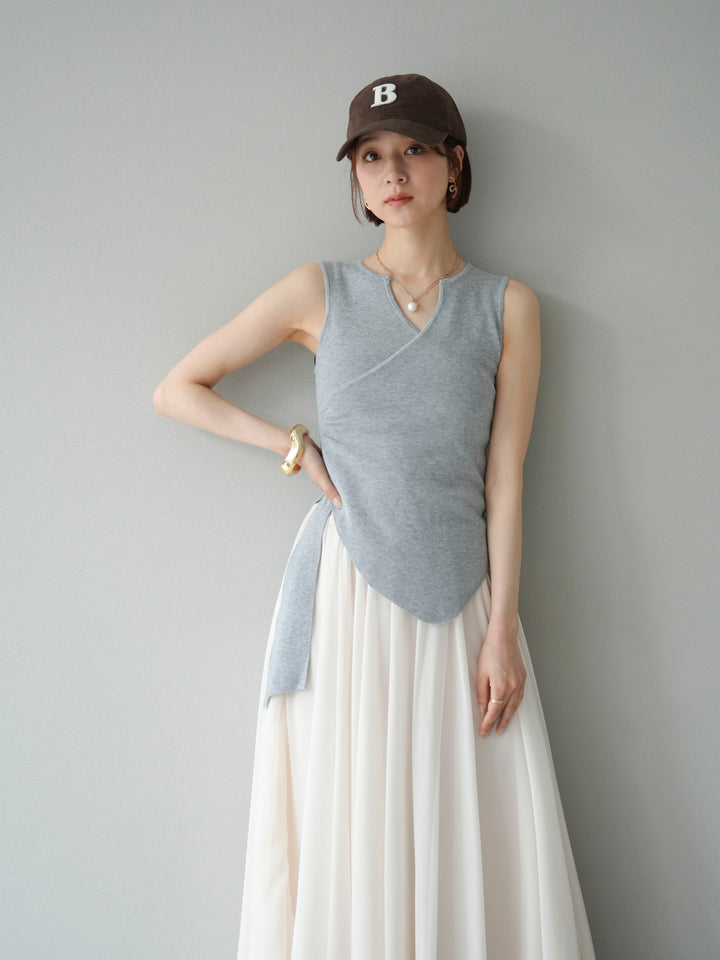 [SET]カシュクールノースリーブニットトップス+シフォンフレアスカート(2set)