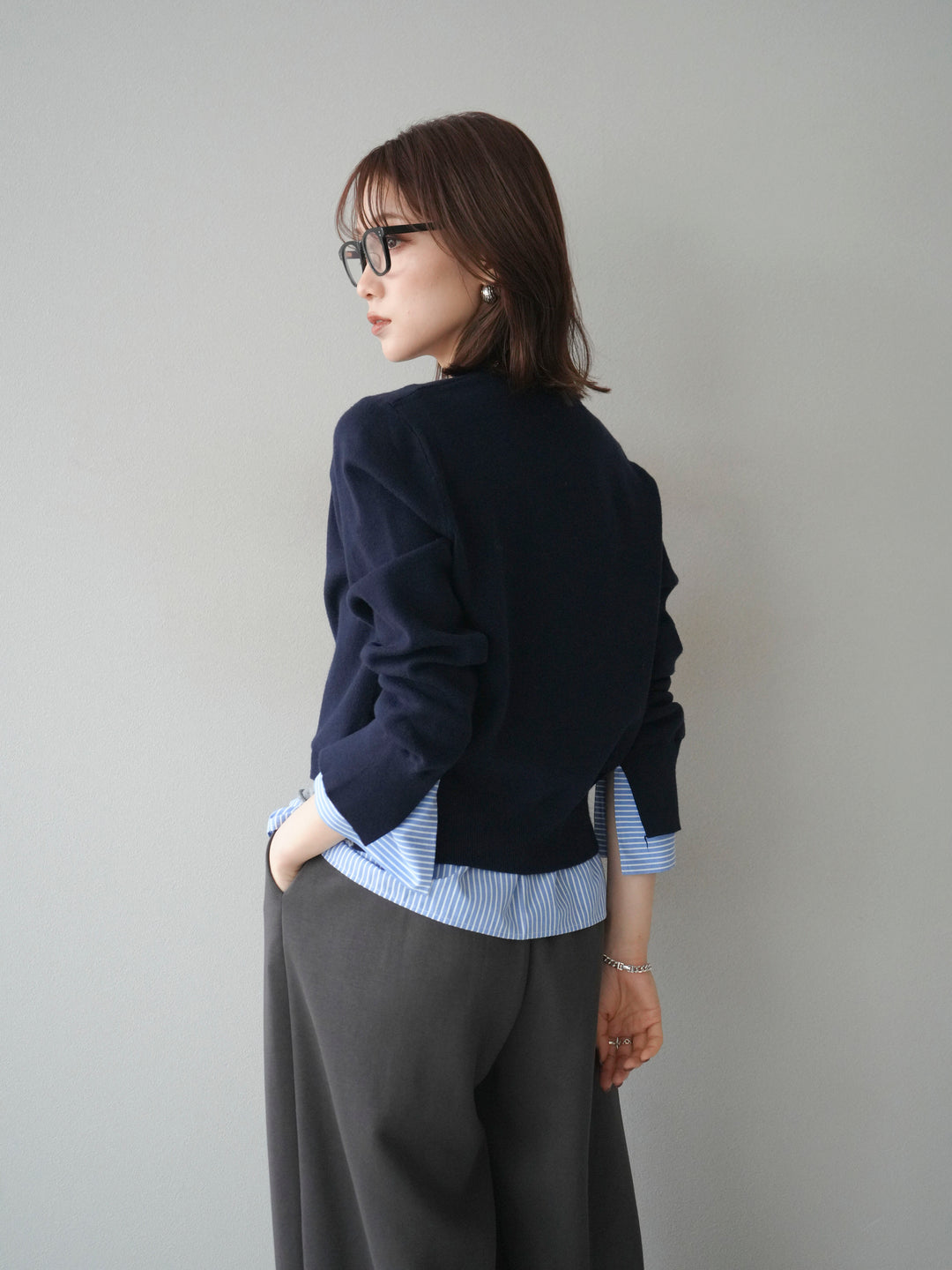 [予約]シャツ襟レイヤードニットカーディガン/navy