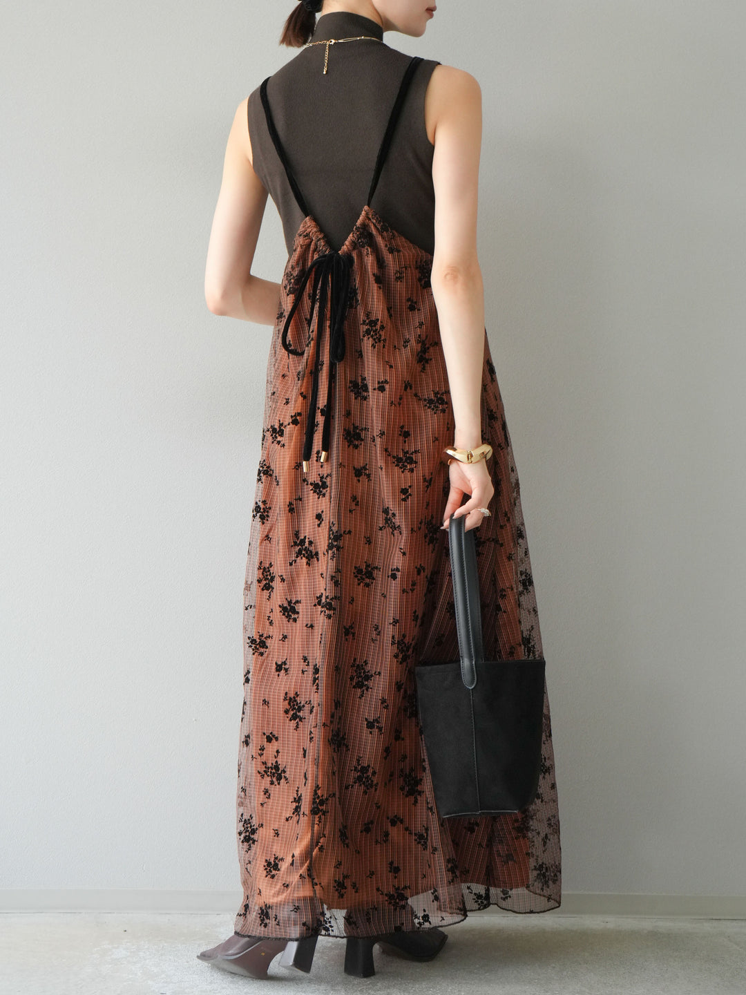 [予約]フロッキーチュールレイヤードベロアキャミワンピース/オレンジ