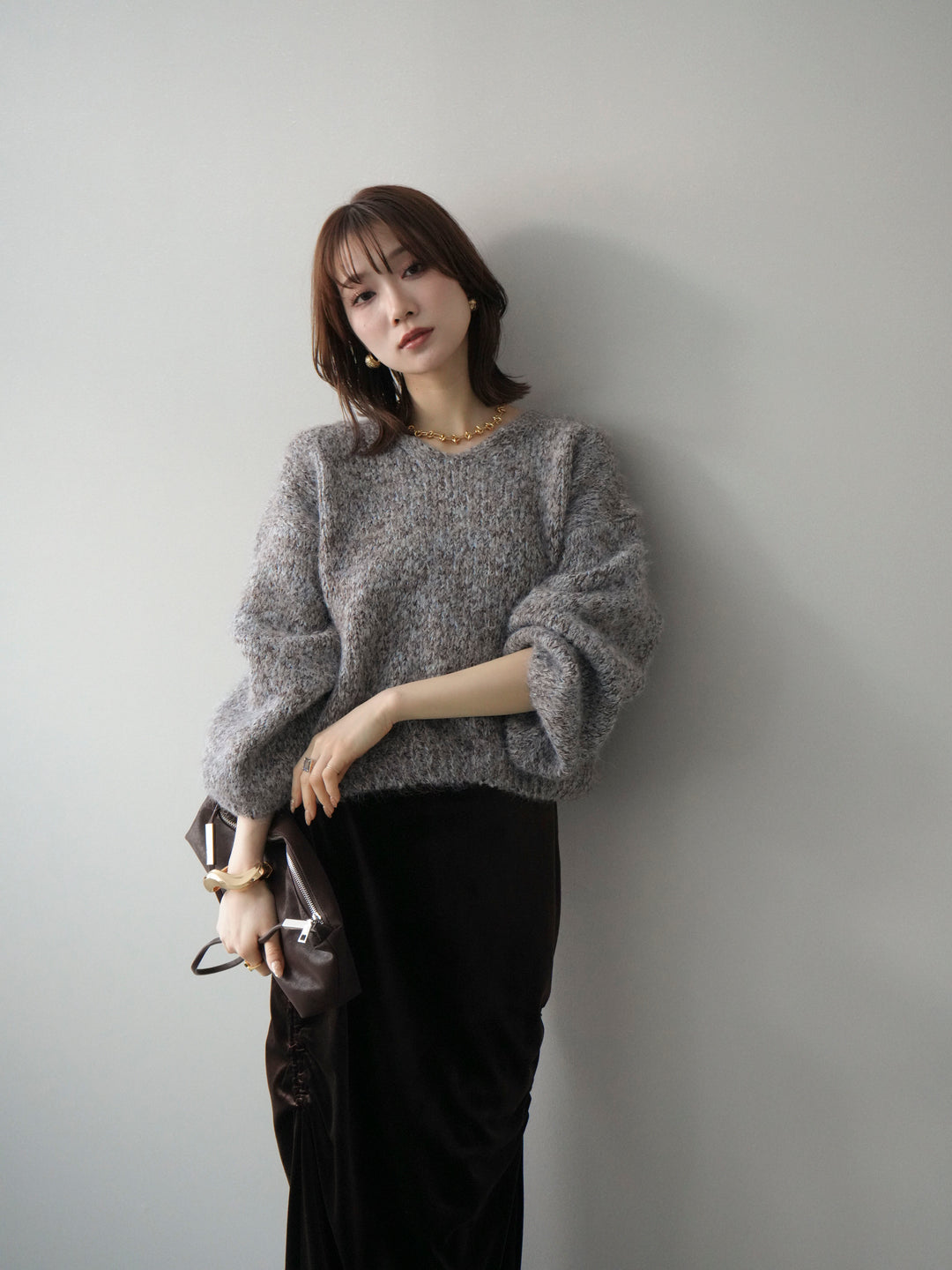 [SET]Vネックミックスヤーンニットプルオーバー+選べるアクセセット(2set)