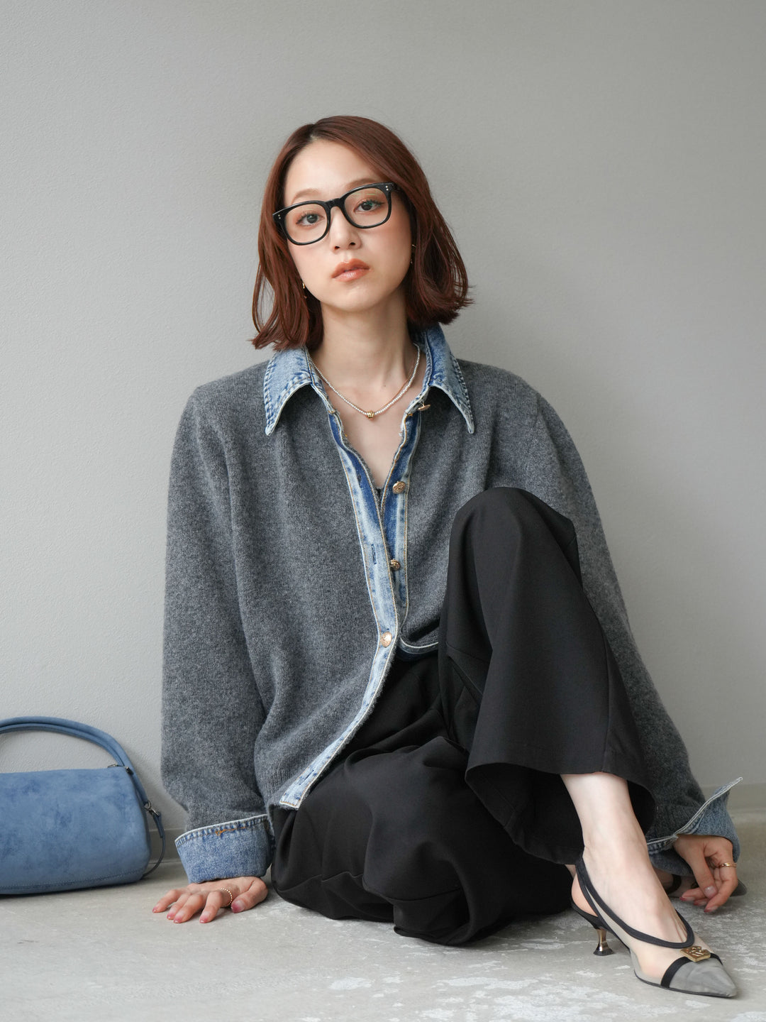 [SET]デニム襟ボタンニットカーディガン+エステルタックワイドパンツ(2set)