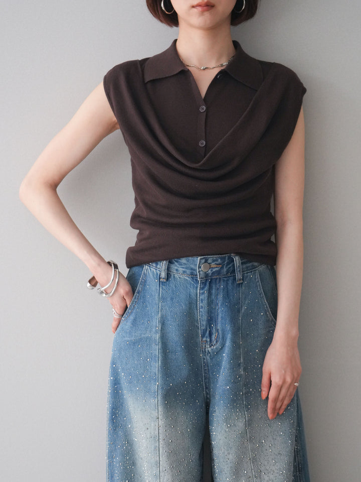 [SET]ノースリーブドレープニットトップス+フロントビジューカーブデニムパンツ(2set)