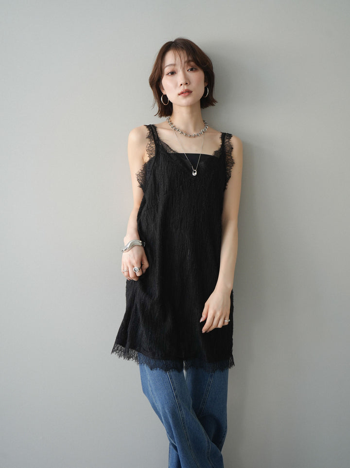 [予約]レース切替ジャガードニットロングキャミソール/black