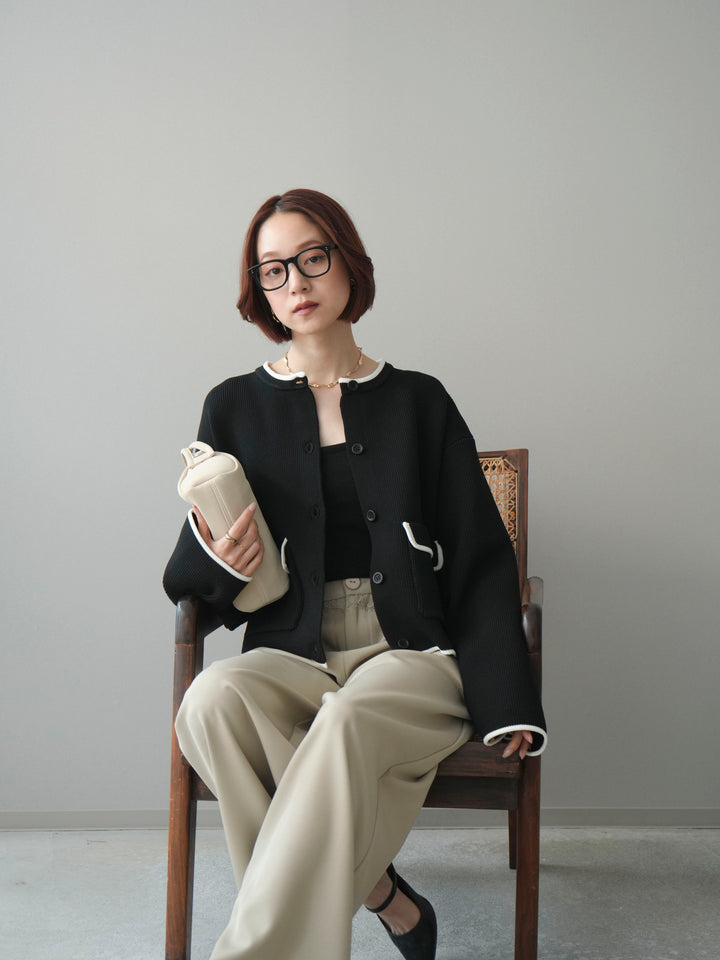 [SET]ポリエステル配色ニットカーディガン+ウエストレースタックワイドパンツ(2set)