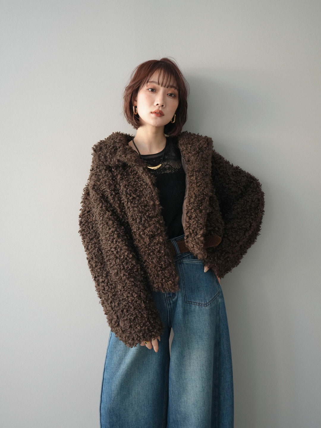 [SET]プードルファーミドルスタンドブルゾン+ベルト付裏起毛カーブデニムパンツ(2set)