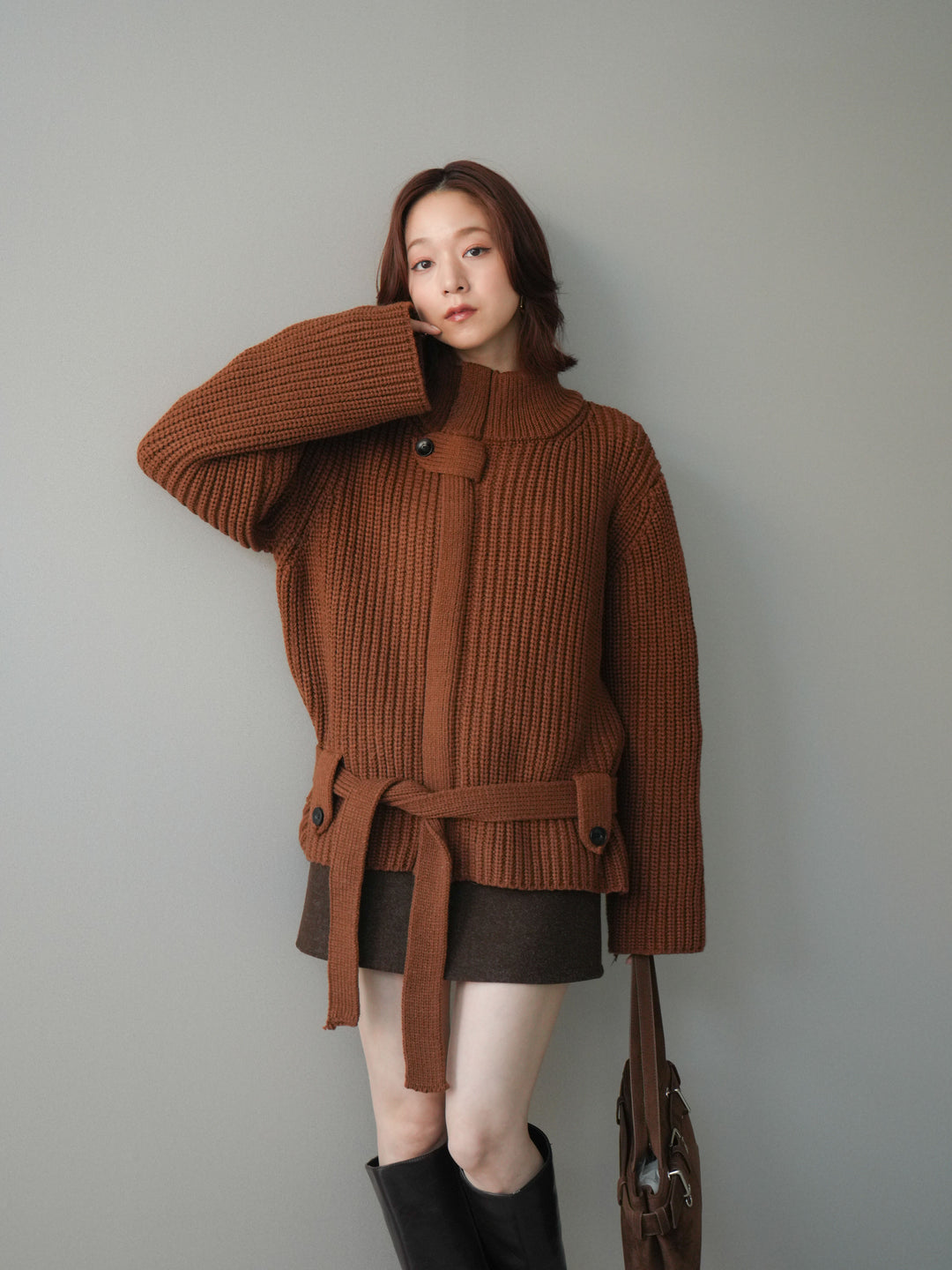 [SET]畦編みボトルネックZIPニットカーディガン+ウールタッチベルト付ミニスカート(2set)