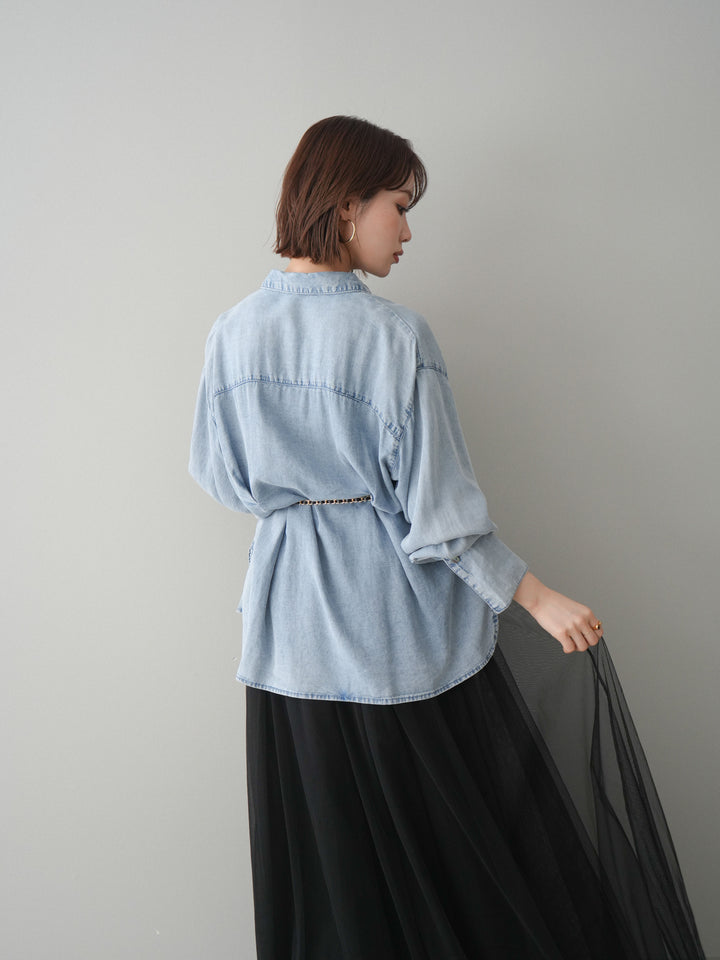 [SET]テンセルデニムタックシャツ+チュールボリュームスカート(2set)