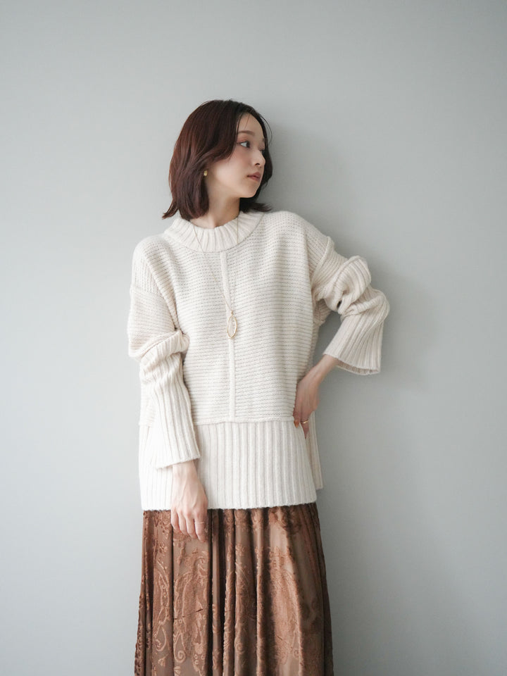 [SET]編み地切替ボトルネックニットプルオーバー+アンティーク柄フロッキーマキシスカート(2set)