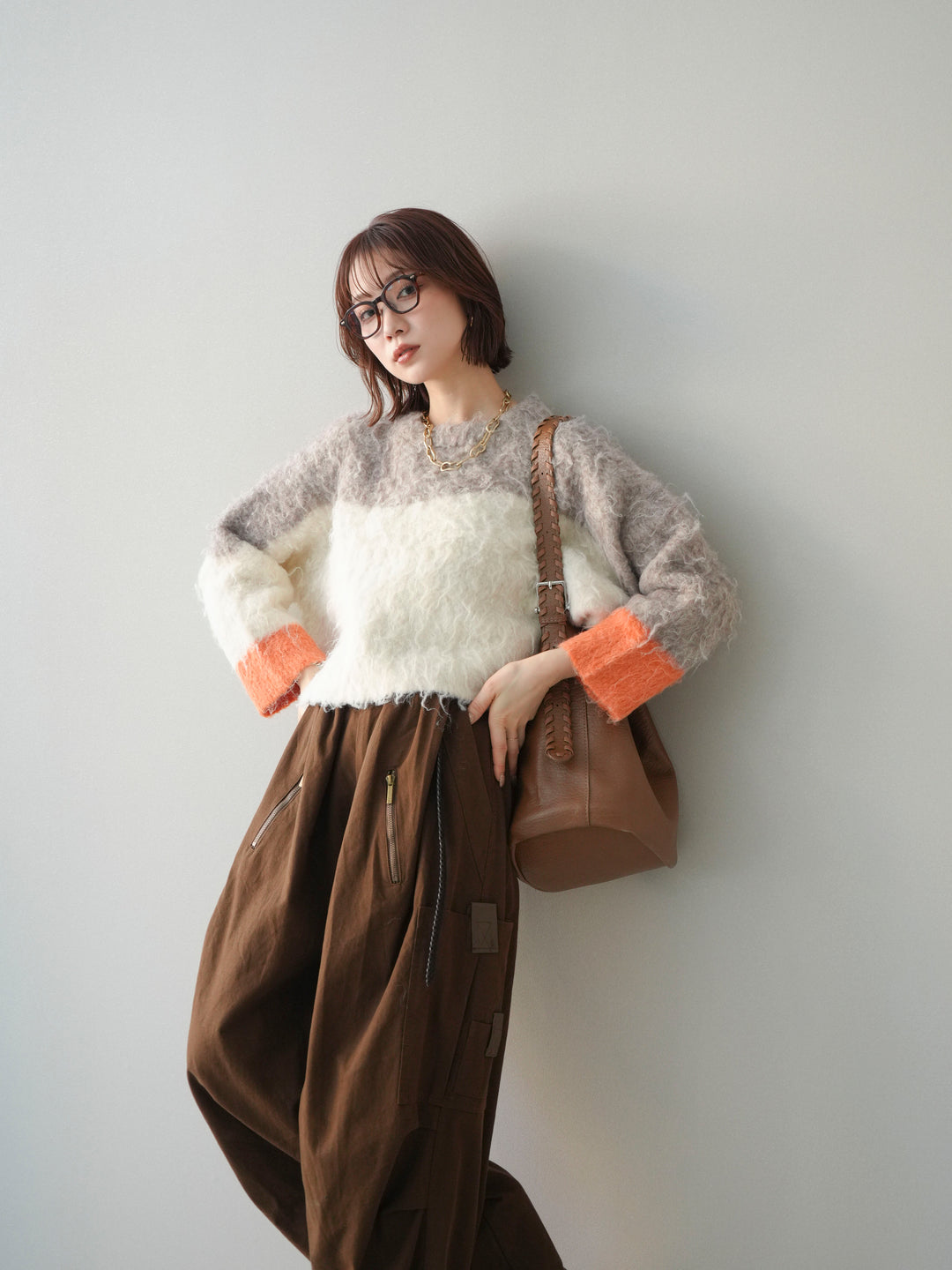 [SET]バイカラーモヘアタッチニットプルオーバー+コットンタックループパンツ(2set)