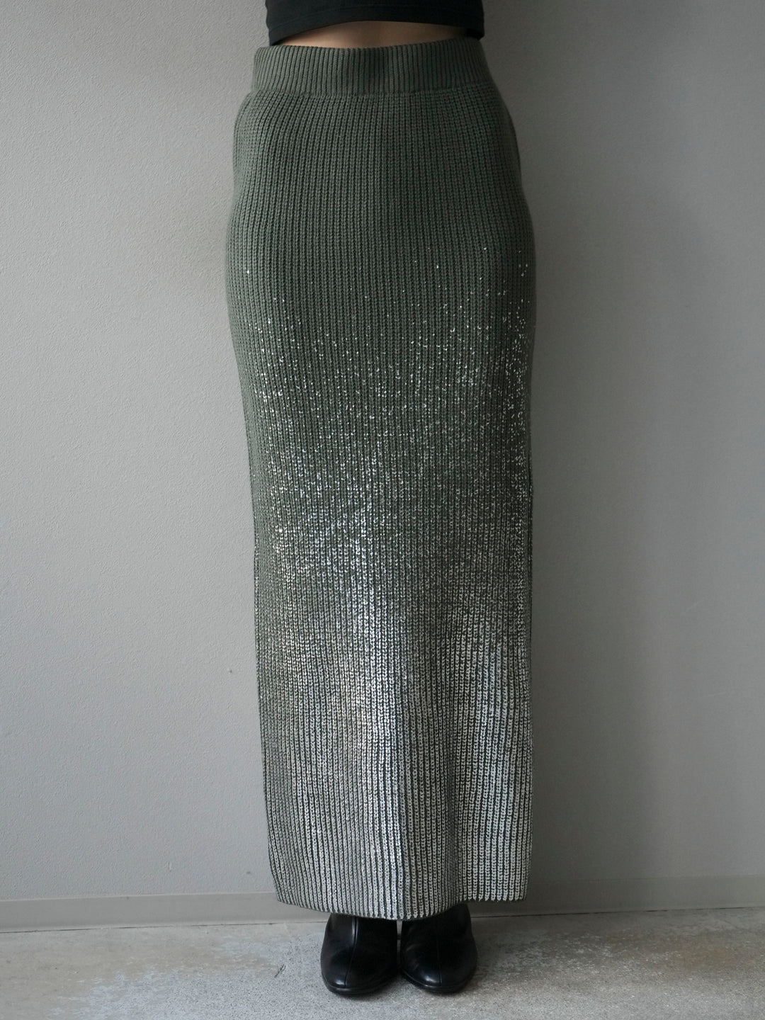 [予約]箔プリントニットタイトスカート/ashgreen