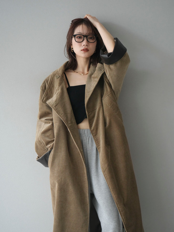 [予約]コーデュロイ折り返しレザーロングコート/beige