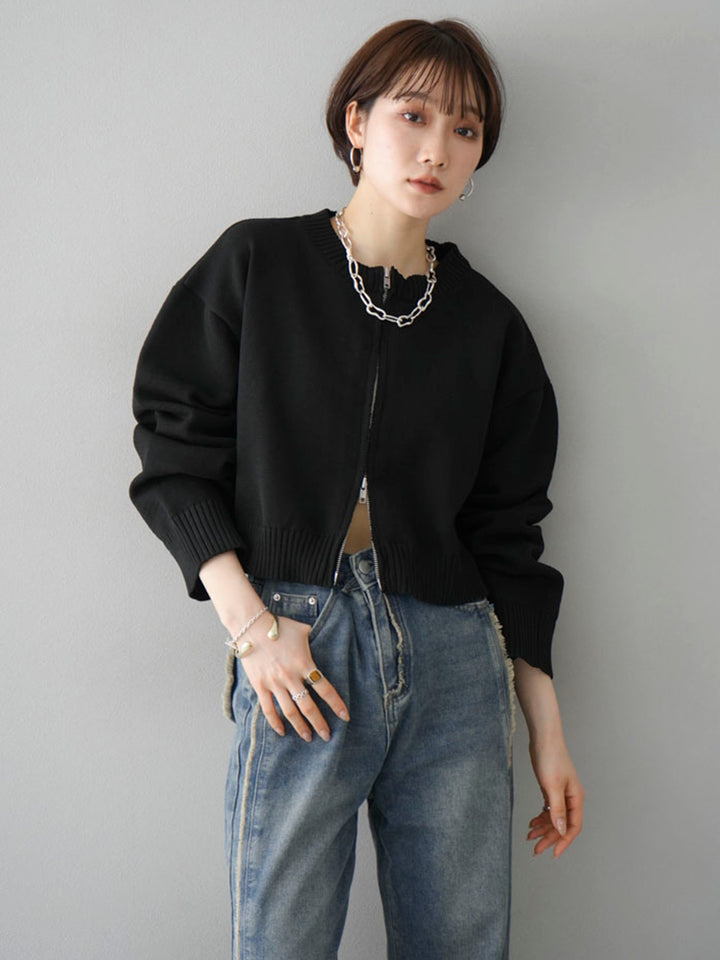 [SET] Double zip cropped knit cardigan + fringe boyfriend denim (2set)