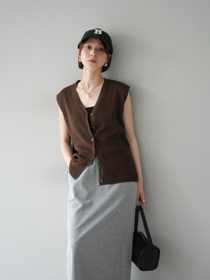[SET]Vネックレーヨンニットベスト+スウェットロングスカート(2set)