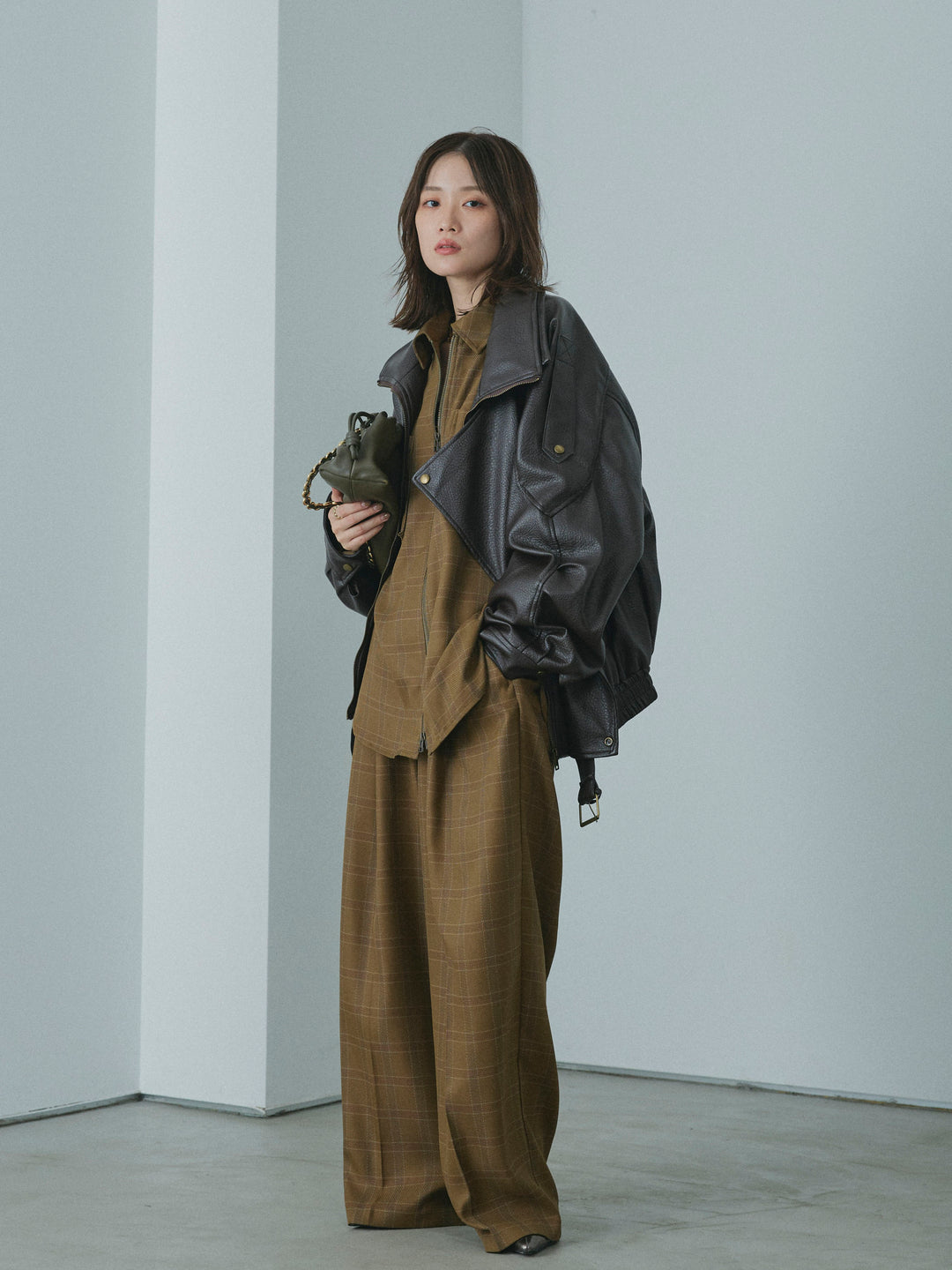 【Allure】[SET]スタンドカラーレザーブルゾン+杢チェックZIPシャツジャケット(2set)