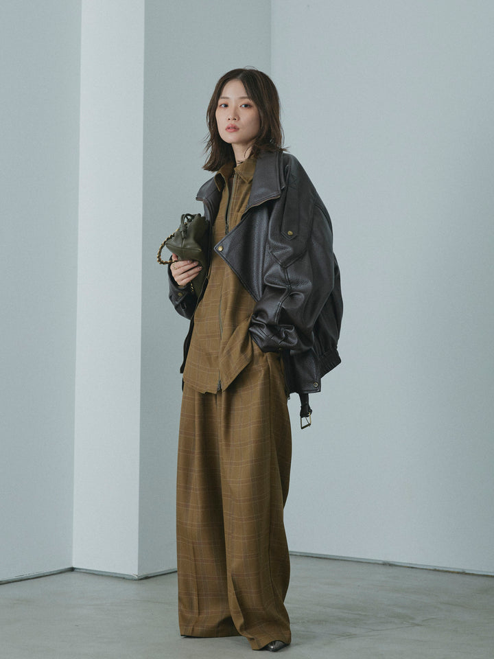 【Allure】[SET]スタンドカラーレザーブルゾン+杢チェックZIPシャツジャケット(2set)