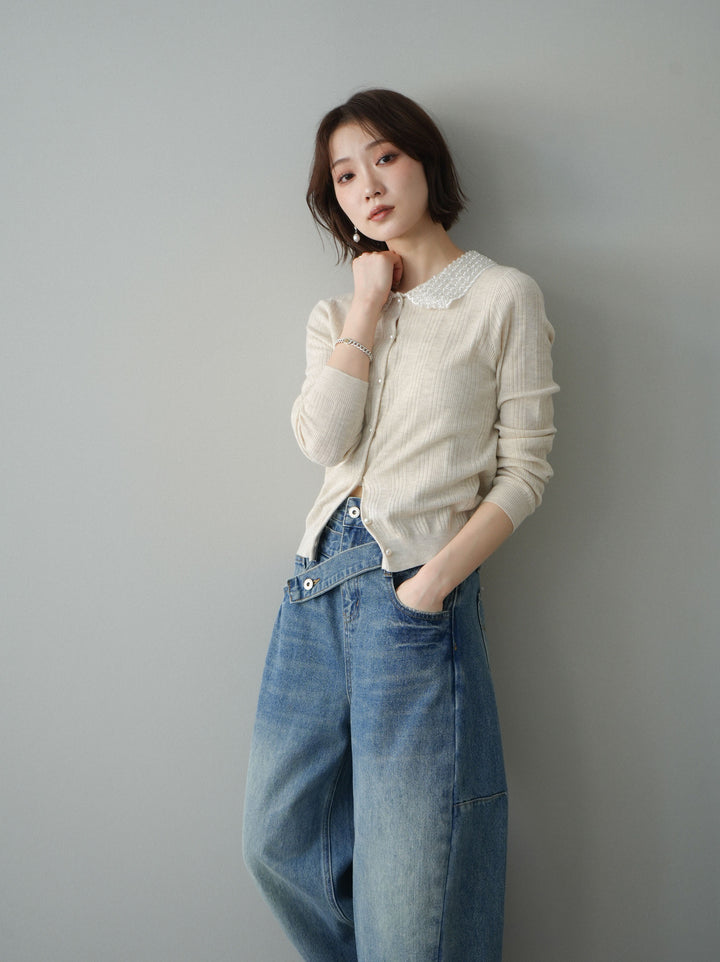 [予約]ビジュー襟パールボタンニットカーディガン/ivory