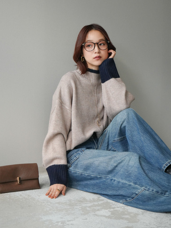 [SET]配色ハイネックニットプルオーバー+ペインターカーブデニムパンツ(2set)