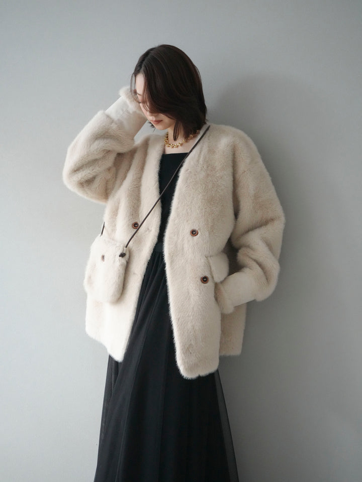 [SET]バッグ付エコファーノーカラーコート+チュールボリュームスカート(2set)