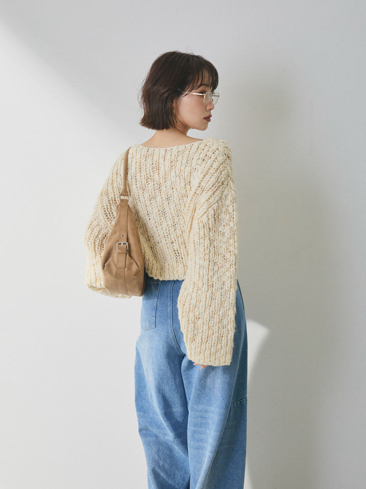 【Allure】[SET]クロップドチャンキースラブニットプルオーバー+ハイウエストベルトループデザインデニムパンツ(2set)