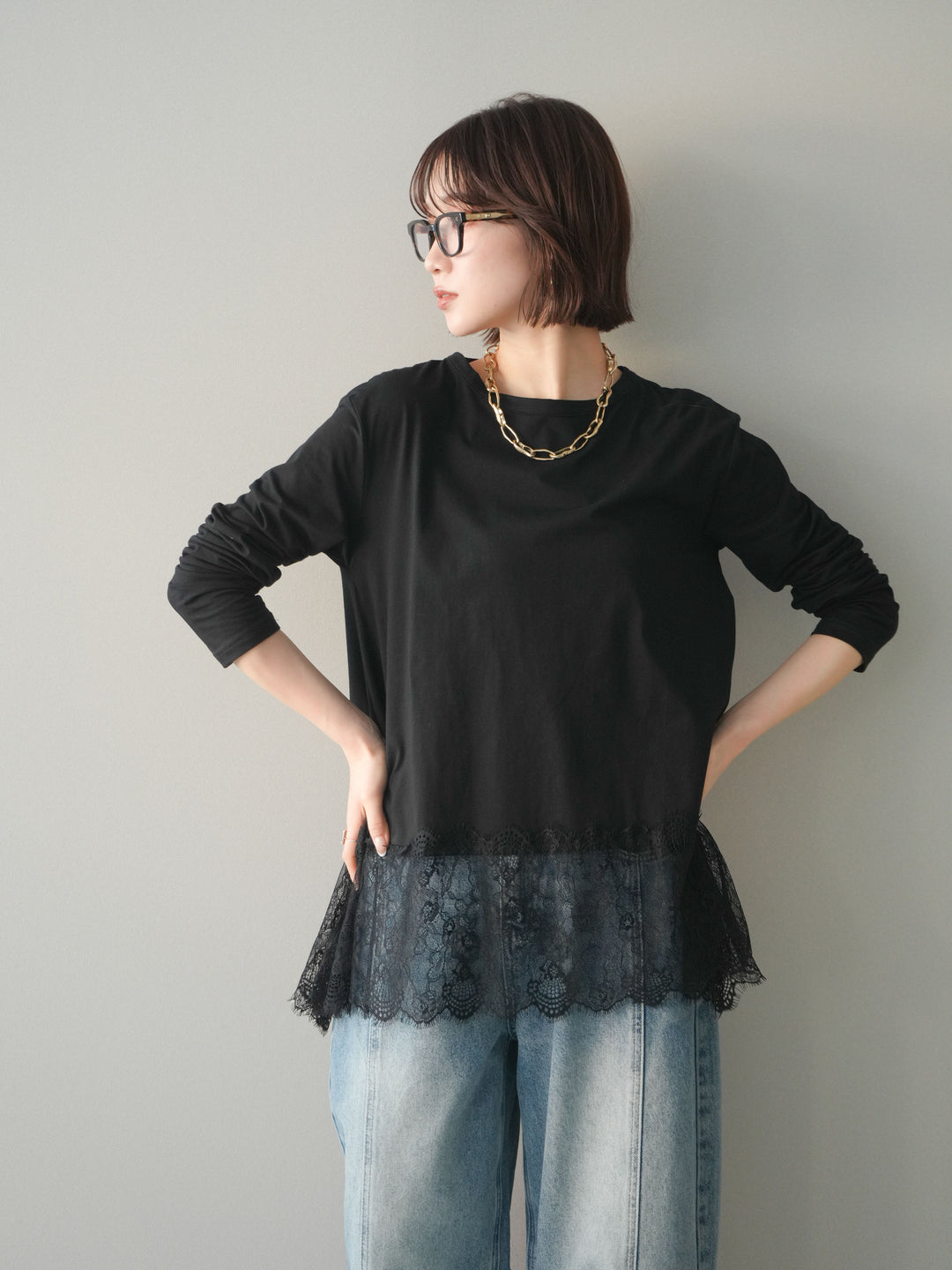 [SET]裾レースロングスリーブTシャツ+選べるアクセセット(2set)
