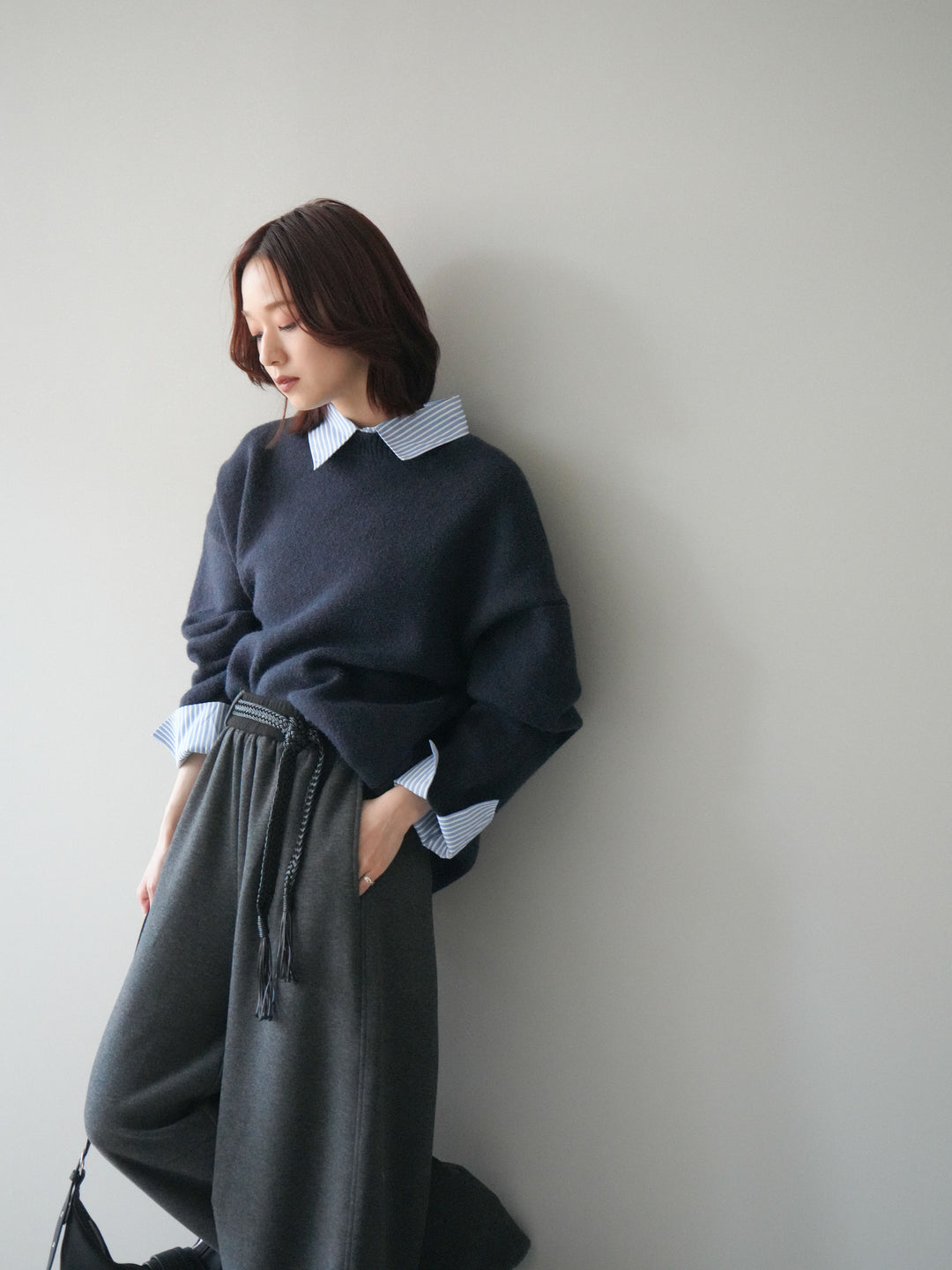 [SET]2WAYストライプ襟ニットプルオーバー+編み込みベルト付きウエスト配色スエットパンツ(2set)