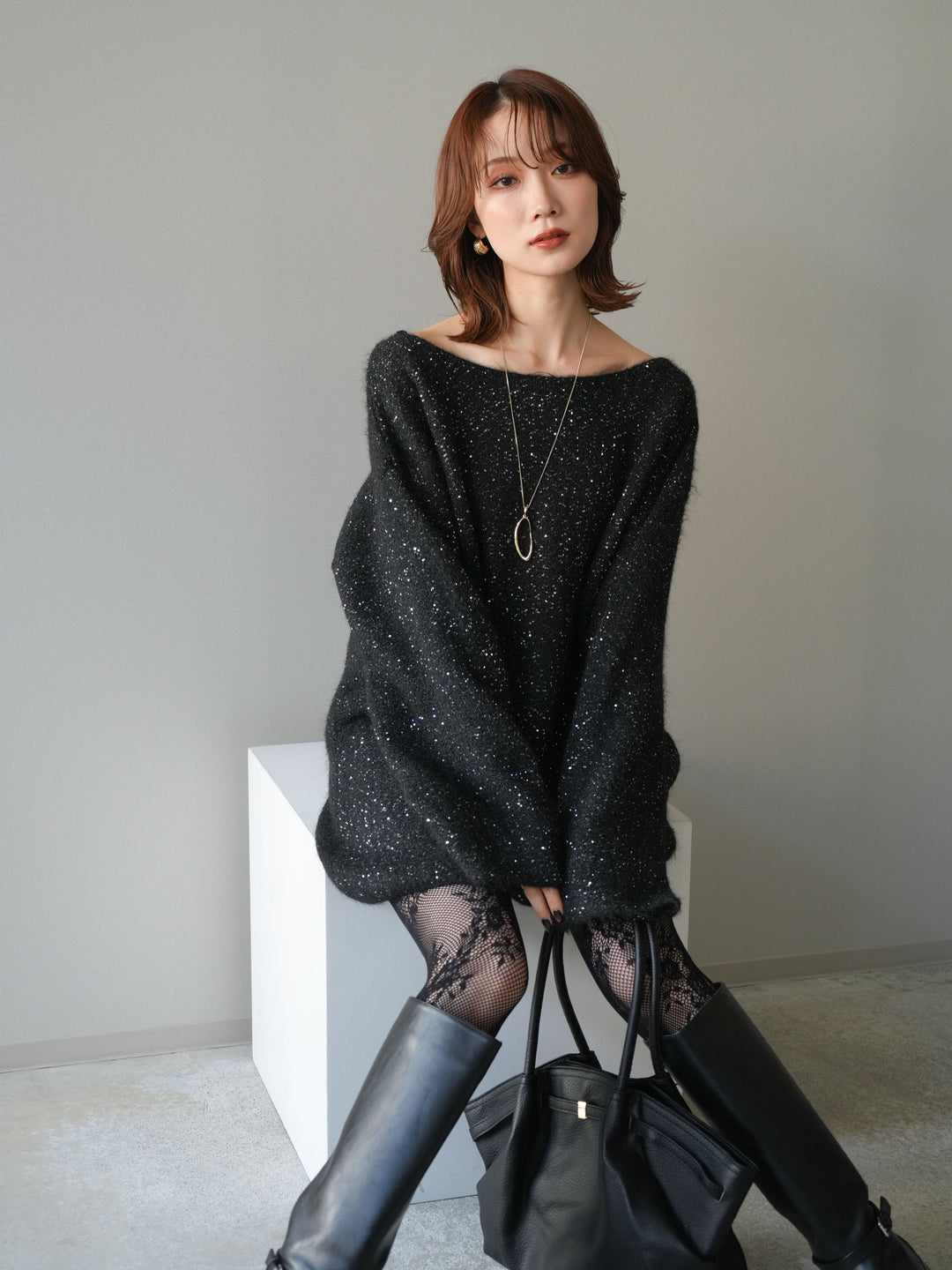 [予約]スパンコールミニシャギーニットチュニック/black