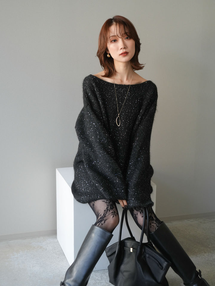 [予約]スパンコールミニシャギーニットチュニック/black